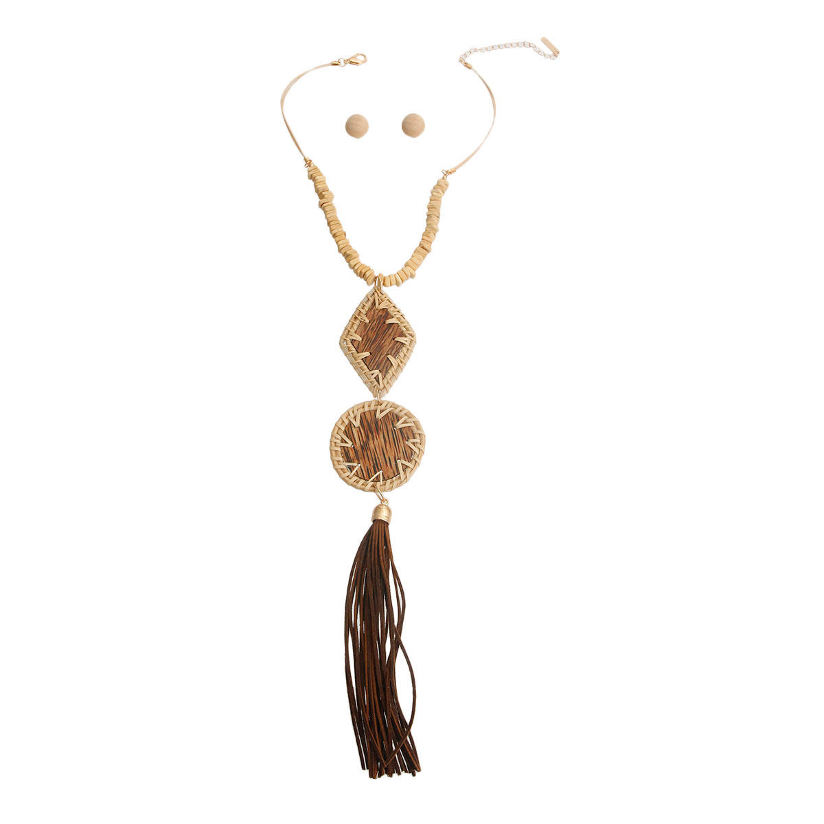Brown Woven Wood Tassel Pendant Set|16 inches - Premium Wholesale Jewelry from Pinktown - Just $18! Shop now at chiquestyles