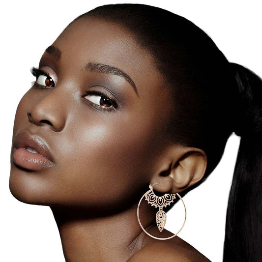 Rose Gold Filigree Dangle Hoops|1.9 inches - Premium Wholesale Jewelry from Pinktown - Just $7! Shop now at chiquestyles