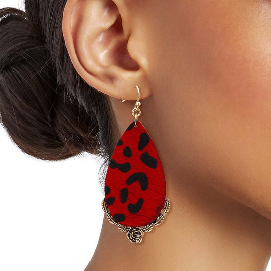 Red Leather Animal Print Teardrop Earrings|2.5 inches - Premium Wholesale Jewelry from Pinktown - Just $12! Shop now at chiquestyles