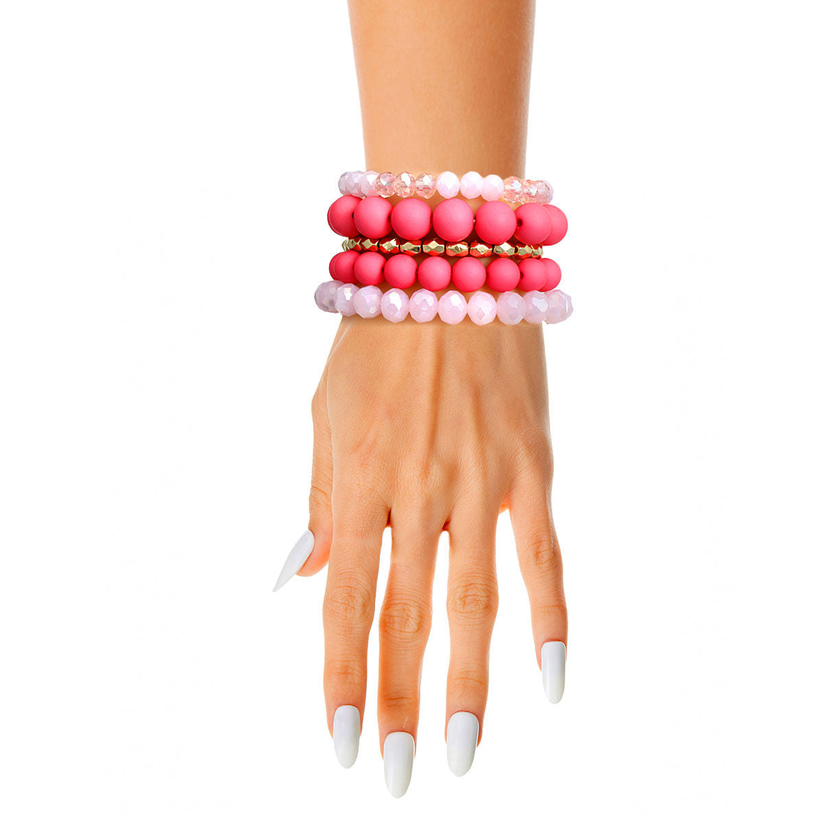 Matte Pink Ball and Glass Bracelets|Stretch to Fit - Premium Wholesale Jewelry from Pinktown - Just $12! Shop now at chiquestyles