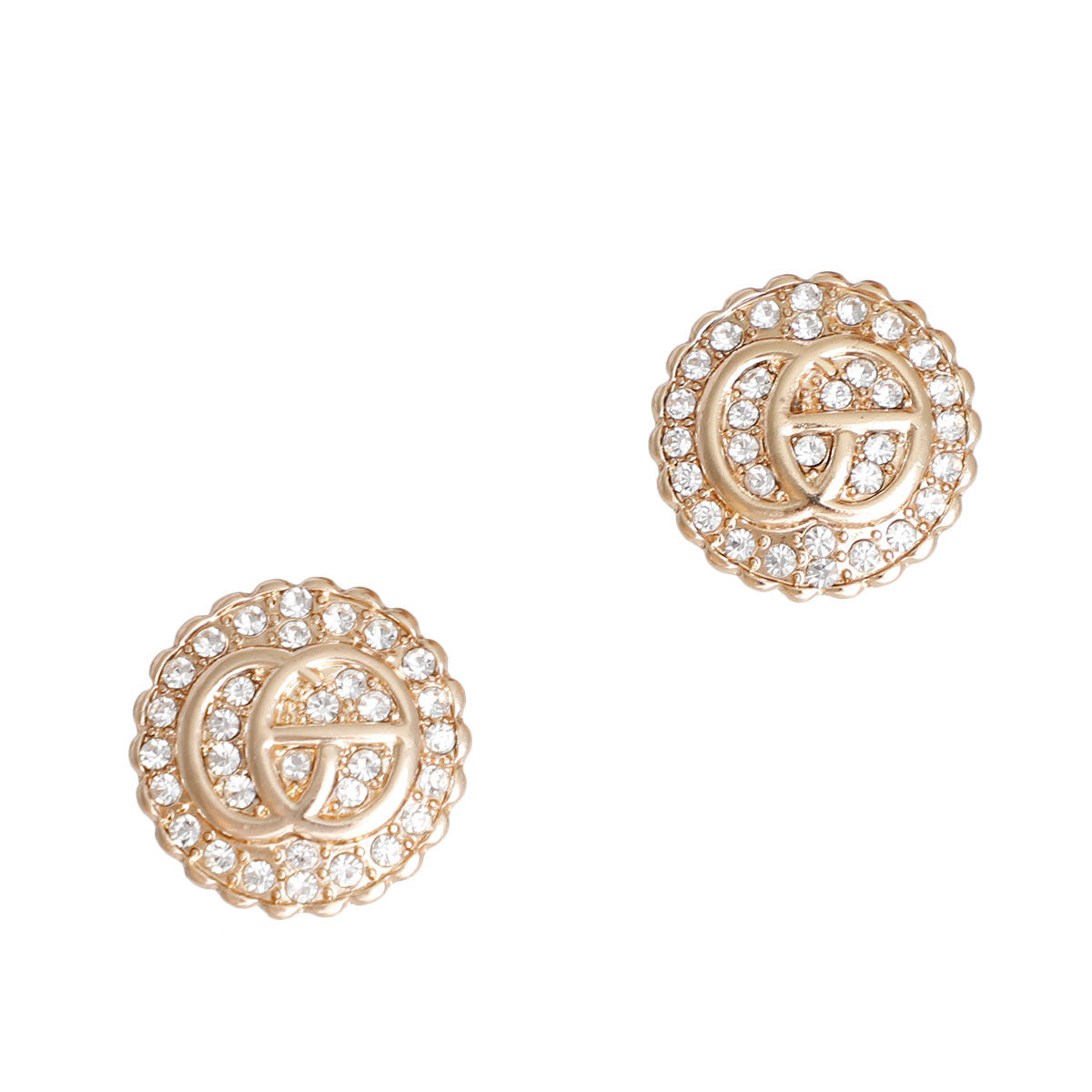 Gold Designer Rhinestone Round G Studs - Premium Wholesale Jewelry from Pinktown - Just $9! Shop now at chiquestyles