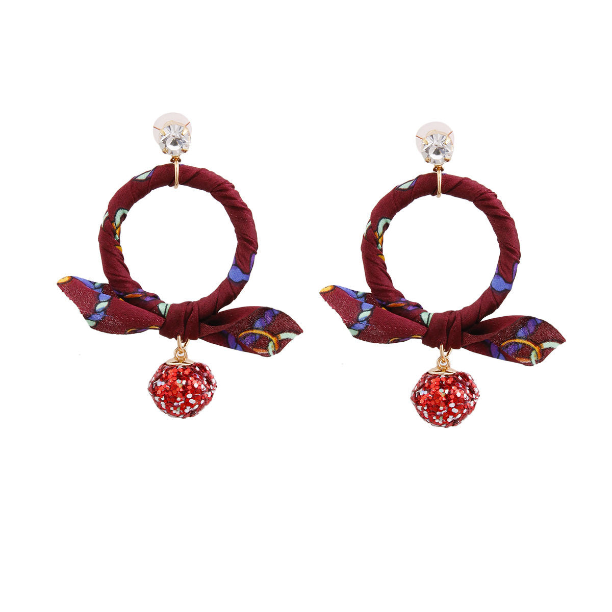 Burgundy Wrapped Ring Earrings Featuring Red Glitter Drop Ball|3 inches - Premium Wholesale Jewelry from Pinktown - Just $10! Shop now at chiquestyles
