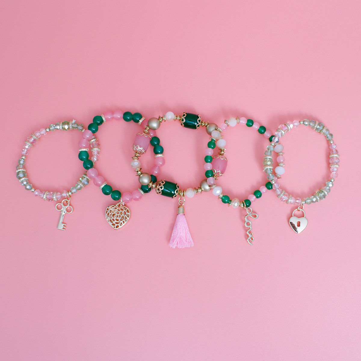 Pink Green Glass Love Bracelets|Stretch to Fit - Premium Wholesale Jewelry from Pinktown - Just $14! Shop now at chiquestyles
