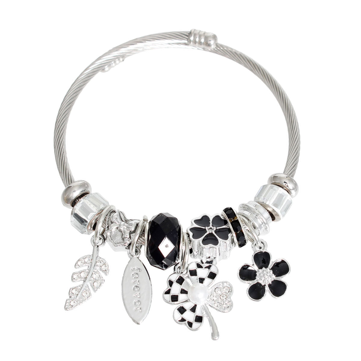Silver Black Clover Cable Bangle|Adjustable - Premium Wholesale Jewelry from Pinktown - Just $10! Shop now at chiquestyles