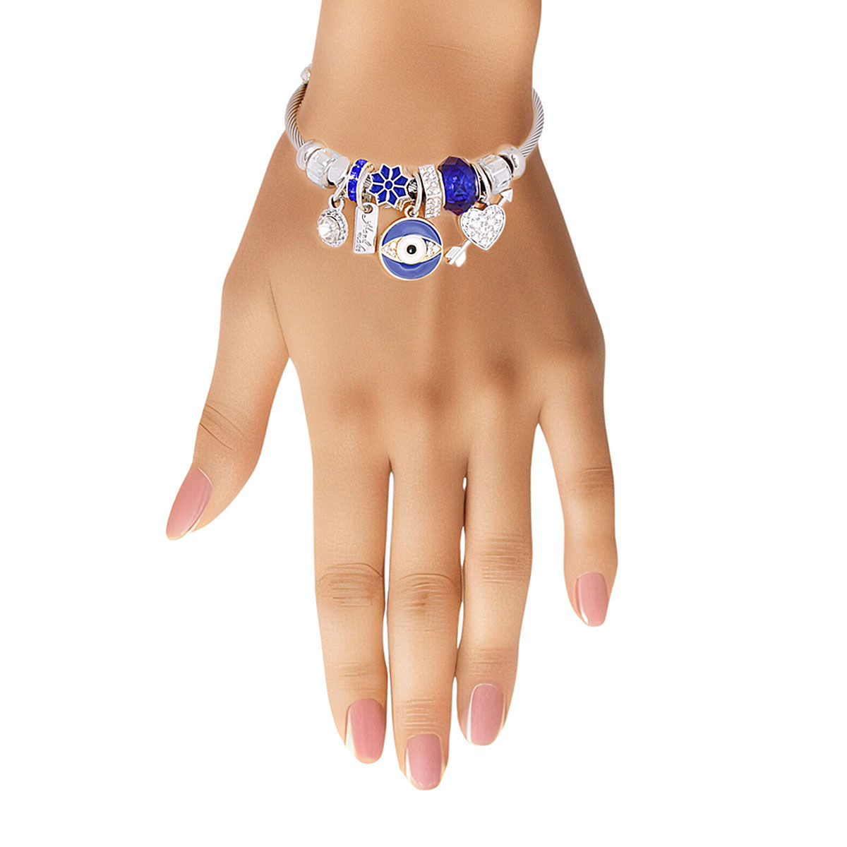 Silver Blue Evil Eye Cable Bangle|Adjustable - Premium Wholesale Jewelry from Pinktown - Just $10! Shop now at chiquestyles