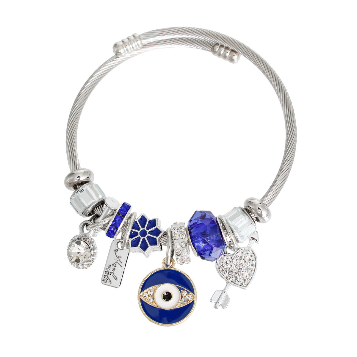 Silver Blue Evil Eye Cable Bangle|Adjustable - Premium Wholesale Jewelry from Pinktown - Just $10! Shop now at chiquestyles