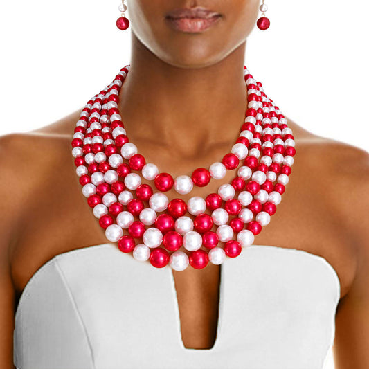 Red and White Pearl 5 Strand DST Necklace Set|18 inches - Premium Wholesale Jewelry from Pinktown - Just $15! Shop now at chiquestyles