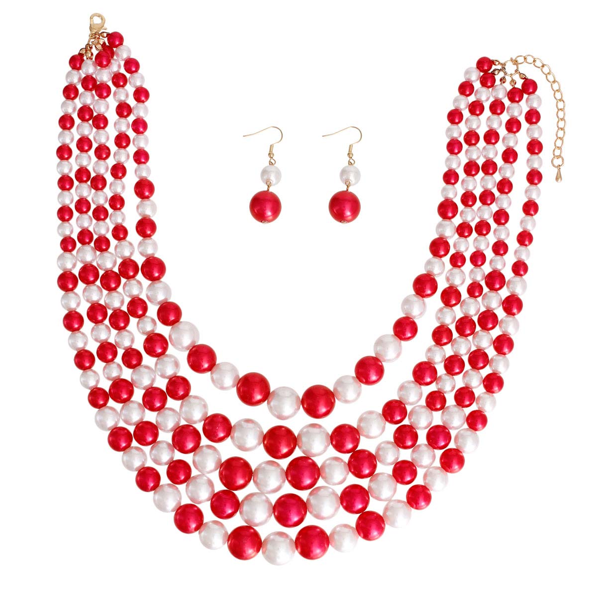 Red and White Pearl 5 Strand DST Necklace Set|18 inches - Premium Wholesale Jewelry from Pinktown - Just $15! Shop now at chiquestyles