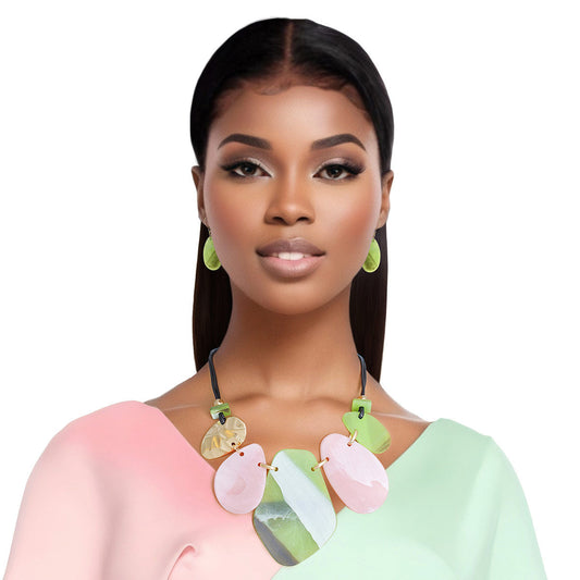 Necklace Pink Green Marbled Bib Set for Women - Premium Wholesale Jewelry from Pinktown - Just $19! Shop now at chiquestyles