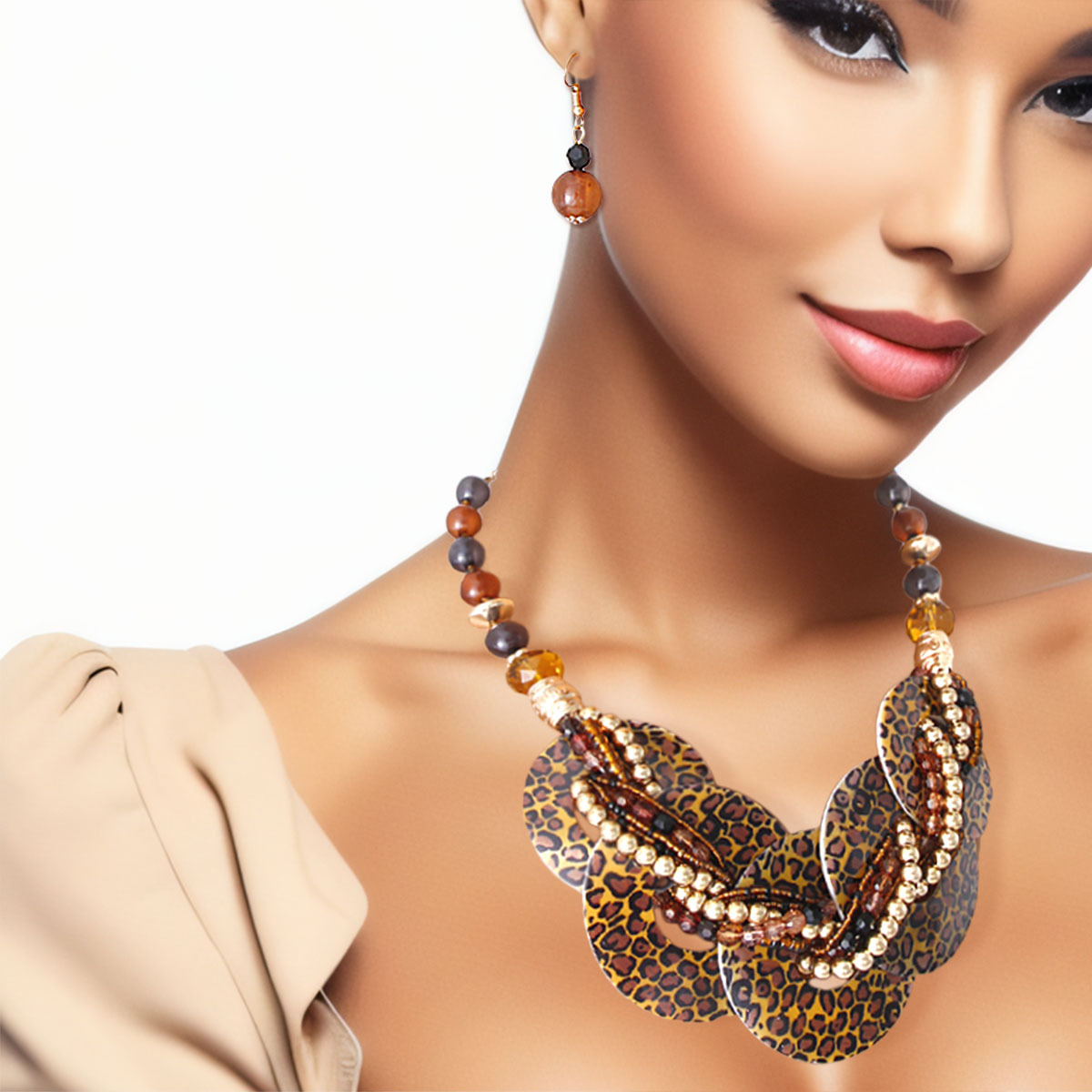 Brown Leopard Beaded Disc Necklace|18 inches - Premium Wholesale Jewelry from Pinktown - Just $13! Shop now at chiquestyles