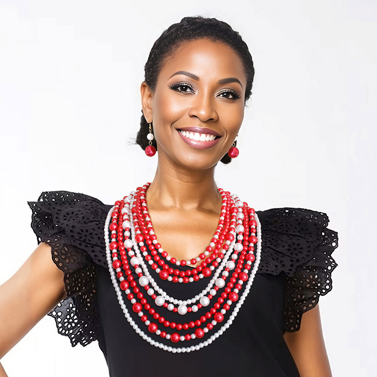 Red White Pearl 8 Strand DST Necklace Set|20 inches - Premium Wholesale Jewelry from Pinktown - Just $19! Shop now at chiquestyles
