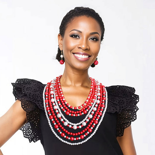 Red White Pearl 8 Strand DST Necklace Set|20 inches - Premium Wholesale Jewelry from Pinktown - Just $19! Shop now at chiquestyles