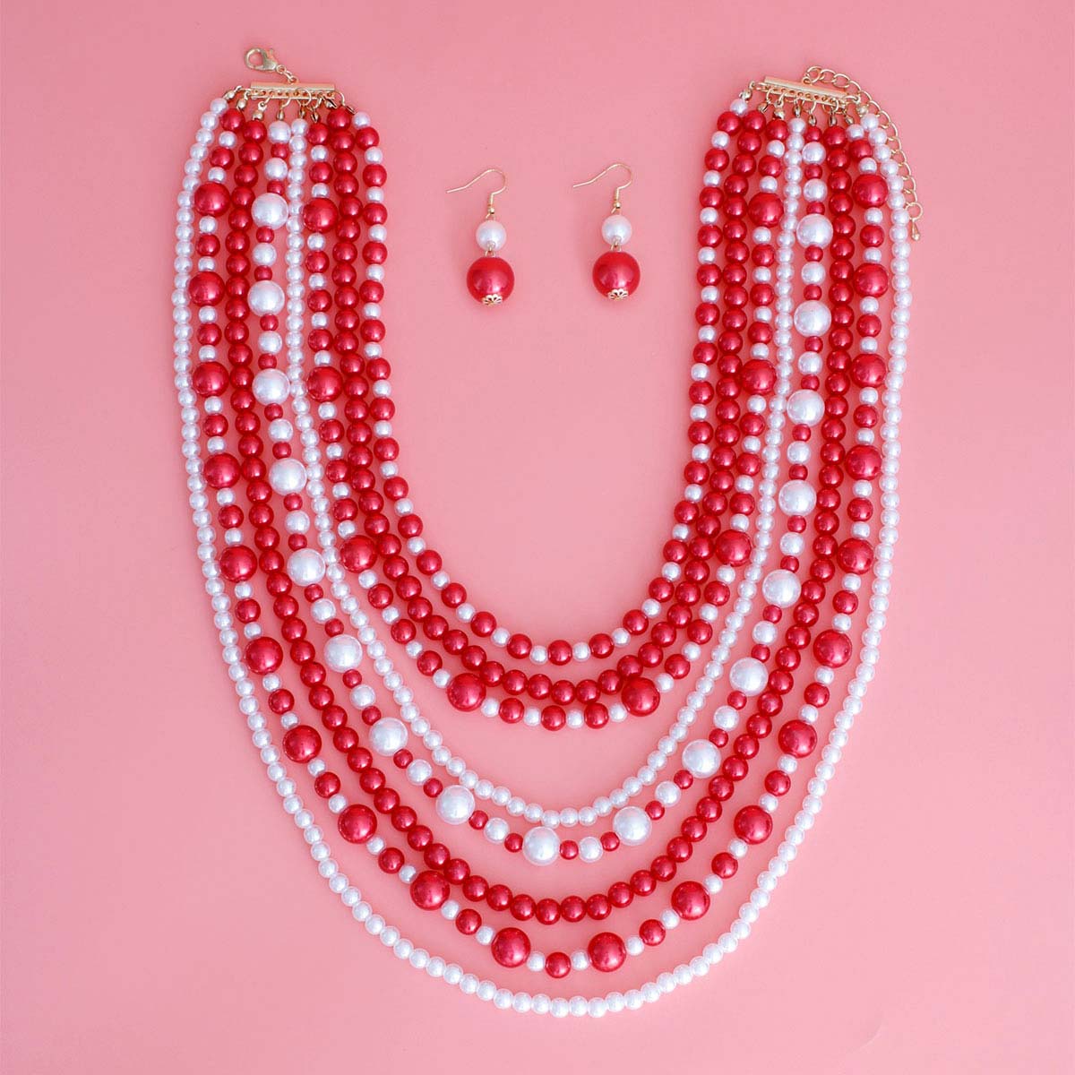 Red White Pearl 8 Strand DST Necklace Set|20 inches - Premium Wholesale Jewelry from Pinktown - Just $19! Shop now at chiquestyles
