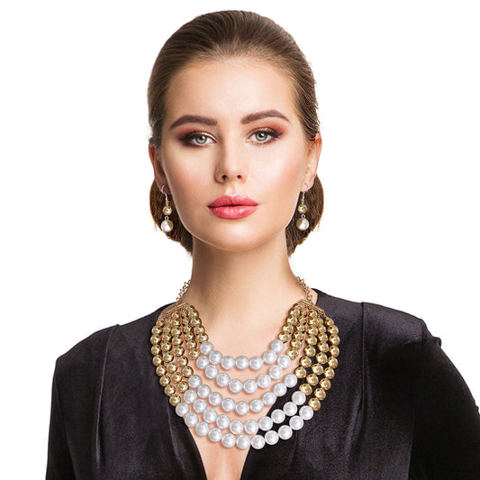 Gold and White Pearl 5 Row Necklace|18 inches - Premium Wholesale Jewelry from Pinktown - Just $16! Shop now at chiquestyles