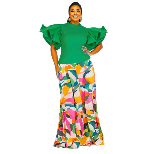 3XL Green Ruffle Geometric Pant Set|3XL - Premium Wholesale Boutique Clothing from Pinktown - Just $61! Shop now at chiquestyles