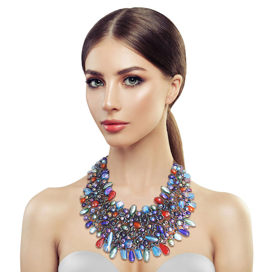 Blue Bead and Copper Bib Necklace|18 inches - Premium Wholesale Jewelry from Pinktown - Just $40! Shop now at chiquestyles