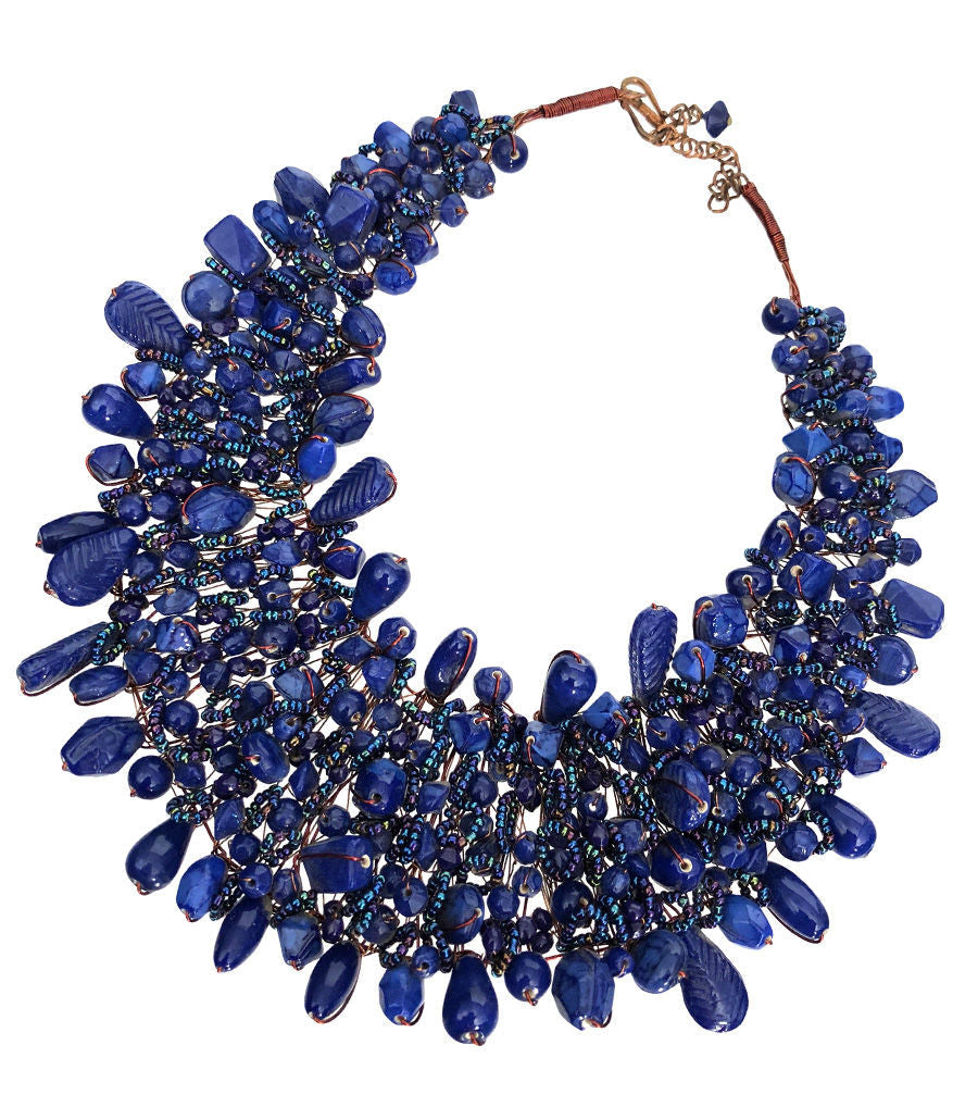 Dark Purple Blue Bead and Copper Bib Necklace|18 inches - Premium Wholesale Jewelry from Pinktown - Just $30! Shop now at chiquestyles