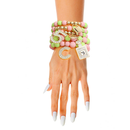 Matte Pink and Green Boutique Charm Bracelets|Stretch to Fit - Premium Wholesale Jewelry from Pinktown - Just $19! Shop now at chiquestyles
