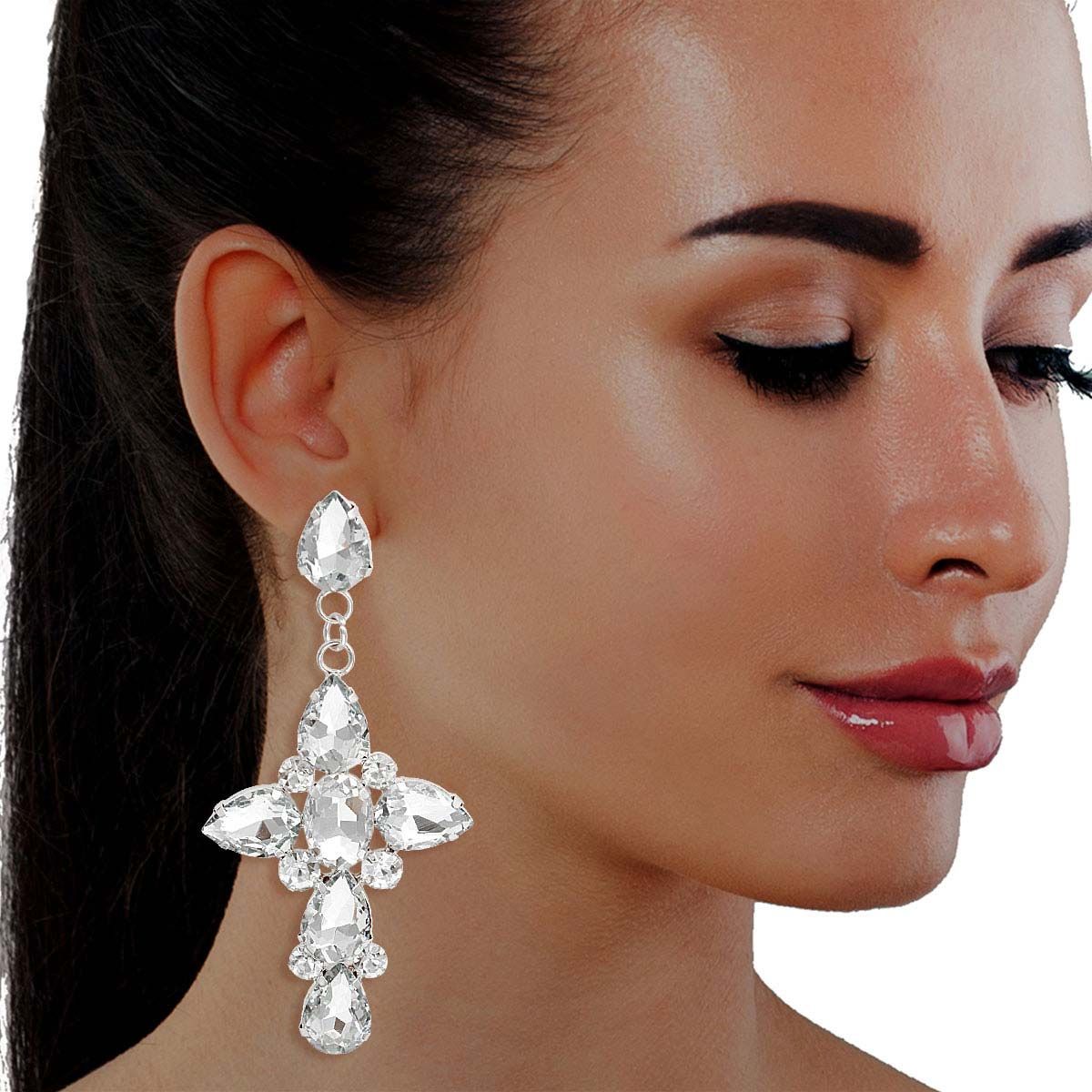 Silver Teardrop Crystal Cross Earrings - Premium Wholesale Jewelry from Pinktown - Just $12! Shop now at chiquestyles