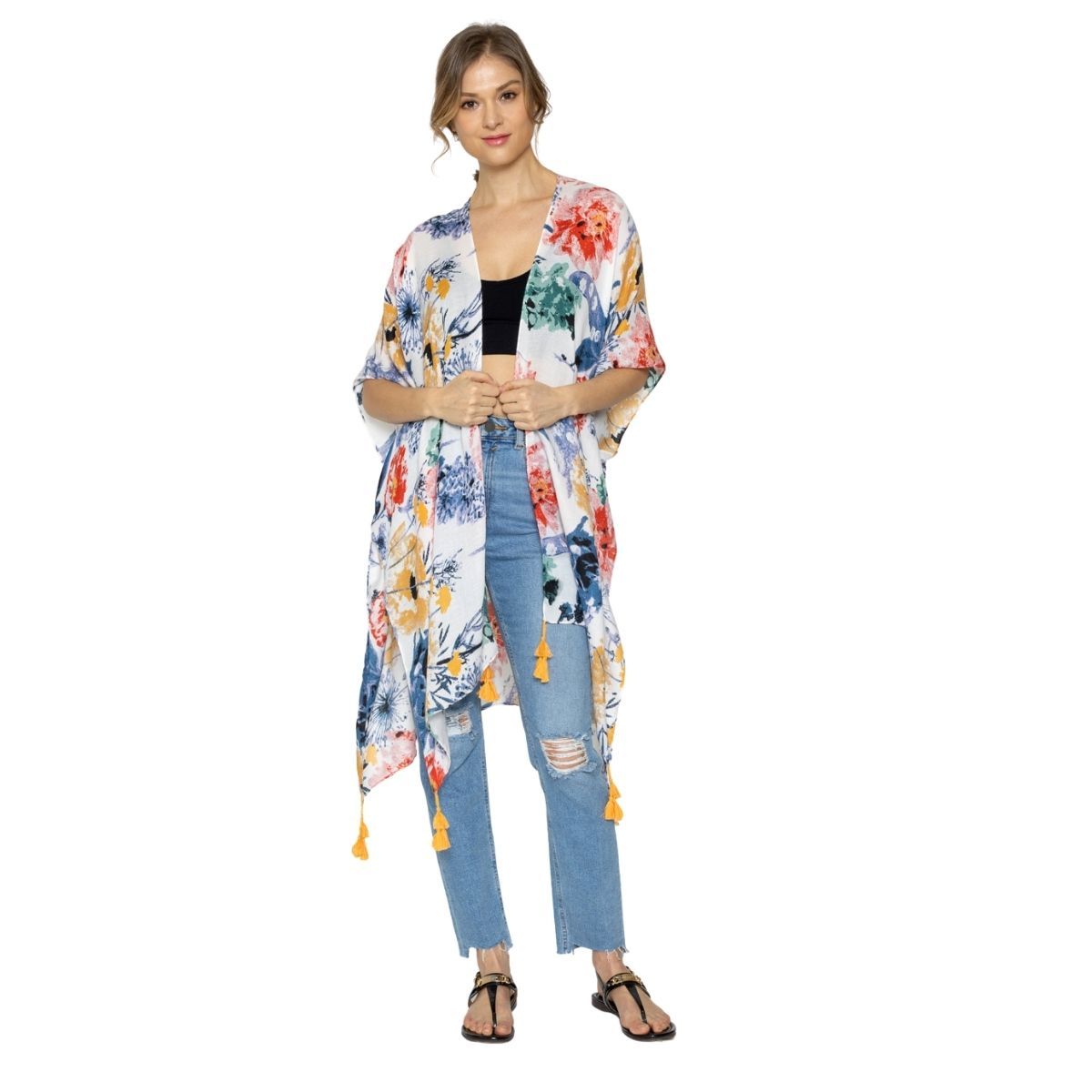 Multi Color Floral Print Tassel Kimono - Premium Wholesale Boutique Clothing from Pinktown - Just $22! Shop now at chiquestyles