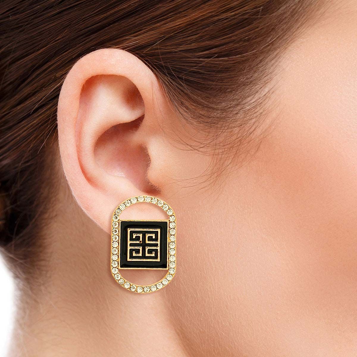 Greek Key Black Oval Rhinestone Studs - Premium Wholesale Jewelry from Pinktown - Just $10! Shop now at chiquestyles
