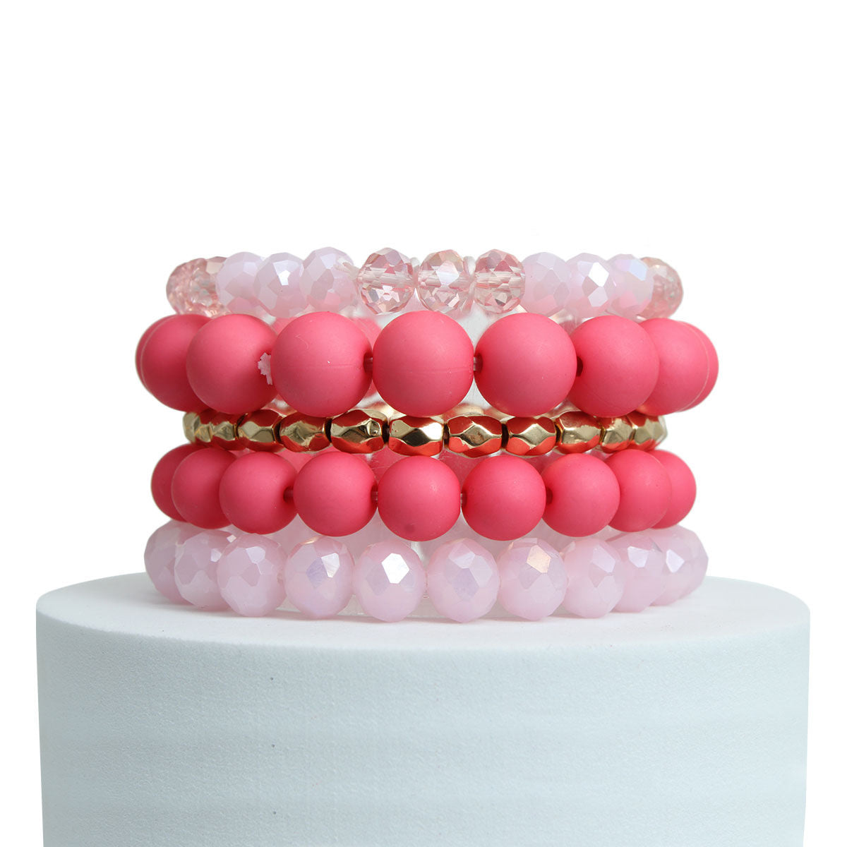 Matte Pink Ball and Glass Bracelets|Stretch to Fit - Premium Wholesale Jewelry from Pinktown - Just $12! Shop now at chiquestyles