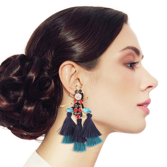 Rhinestone and Tassel Navy Bee Earrings|3.25 inches - Premium Wholesale Jewelry from Pinktown - Just $14! Shop now at chiquestyles