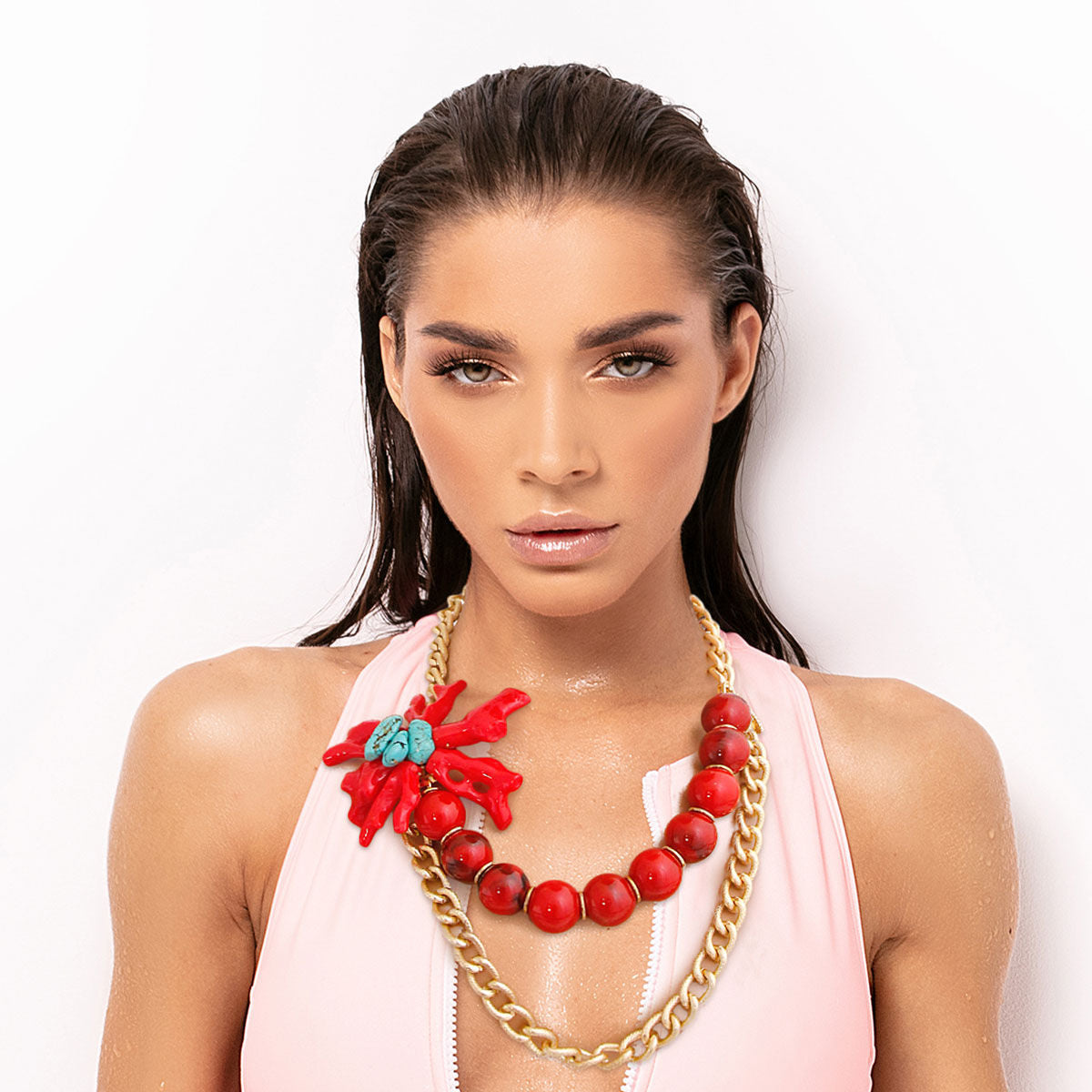 Red and Gold Coral Necklace|20 inches - Premium Wholesale Jewelry from Pinktown - Just $20! Shop now at chiquestyles