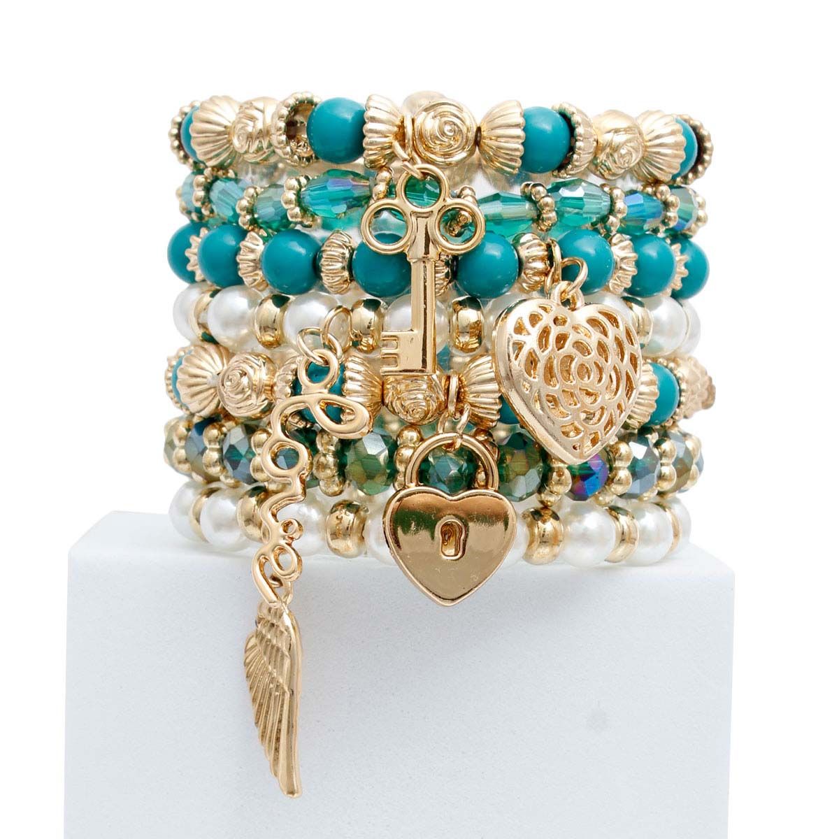 Teal and Pearl Love 7pcs Bracelets - Premium Wholesale Jewelry from Pinktown - Just $13! Shop now at chiquestyles