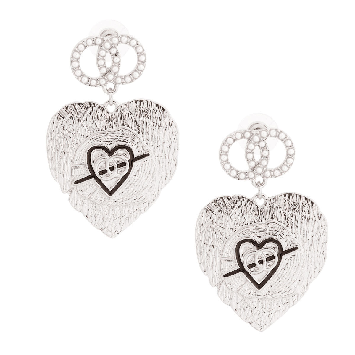 Silver Textured Heart Designer Earrings|1.85 inches - Premium Wholesale Jewelry from Pinktown - Just $10! Shop now at chiquestyles