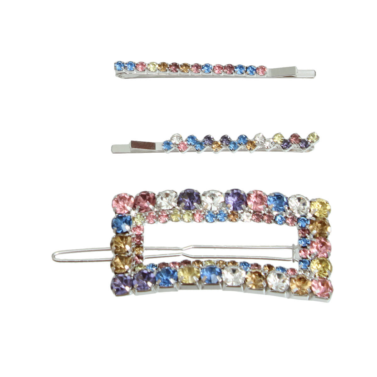 3 Pcs Multi Rhinestone Silver Rectangle Hair Pin Set - Premium Wholesale Fashion Accessories from Pinktown - Just $10! Shop now at chiquestyles
