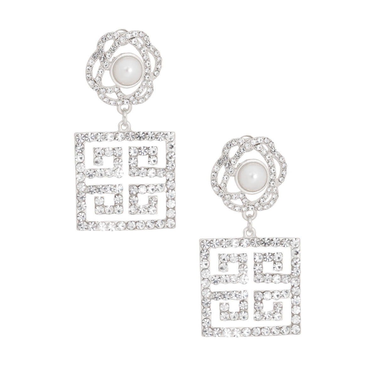 Silver Flower Square Greek Key Earrings|2.25 inches - Premium Wholesale Jewelry from Pinktown - Just $16! Shop now at chiquestyles