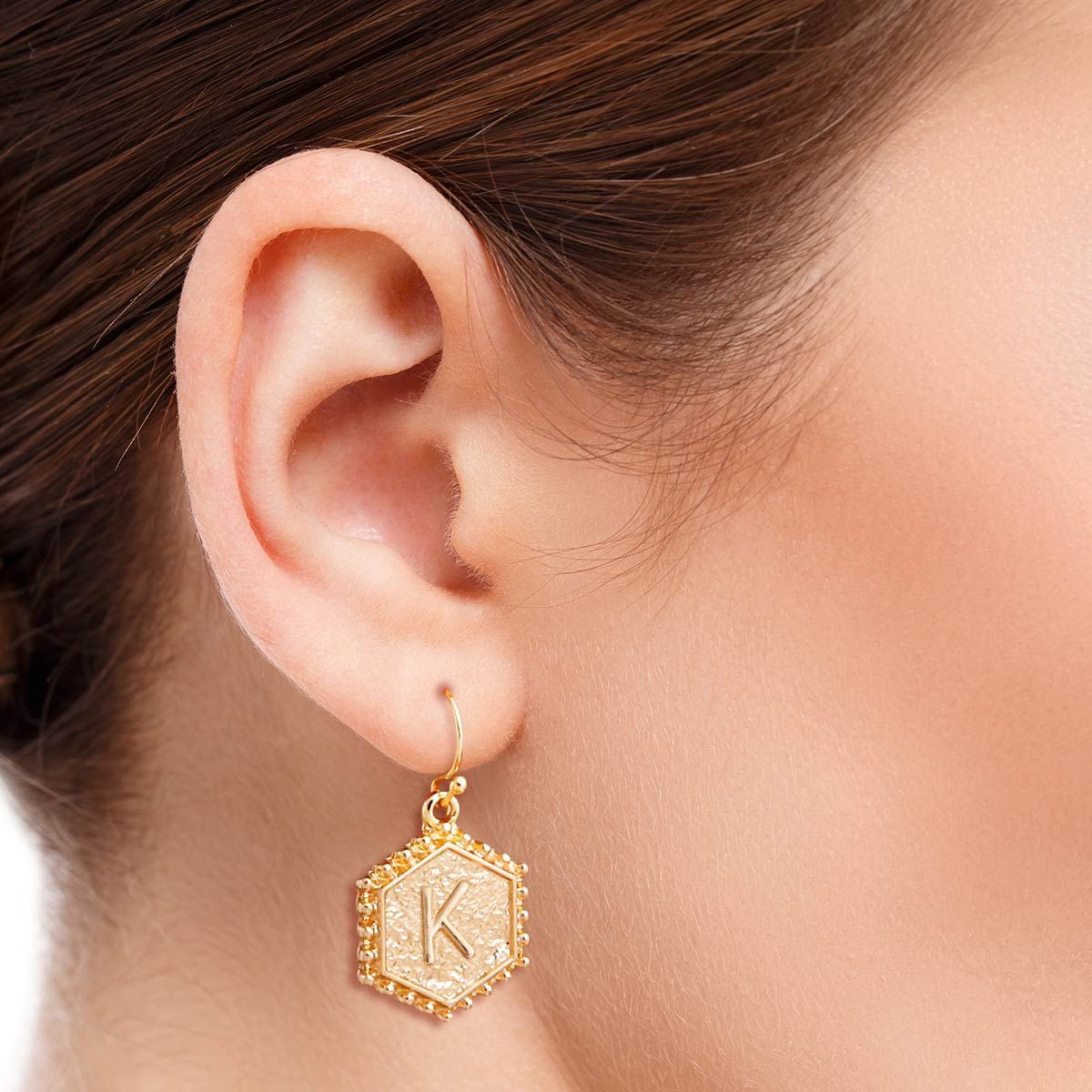 K Hexagon Initial Earrings - Premium Wholesale Jewelry from Pinktown - Just $7! Shop now at chiquestyles