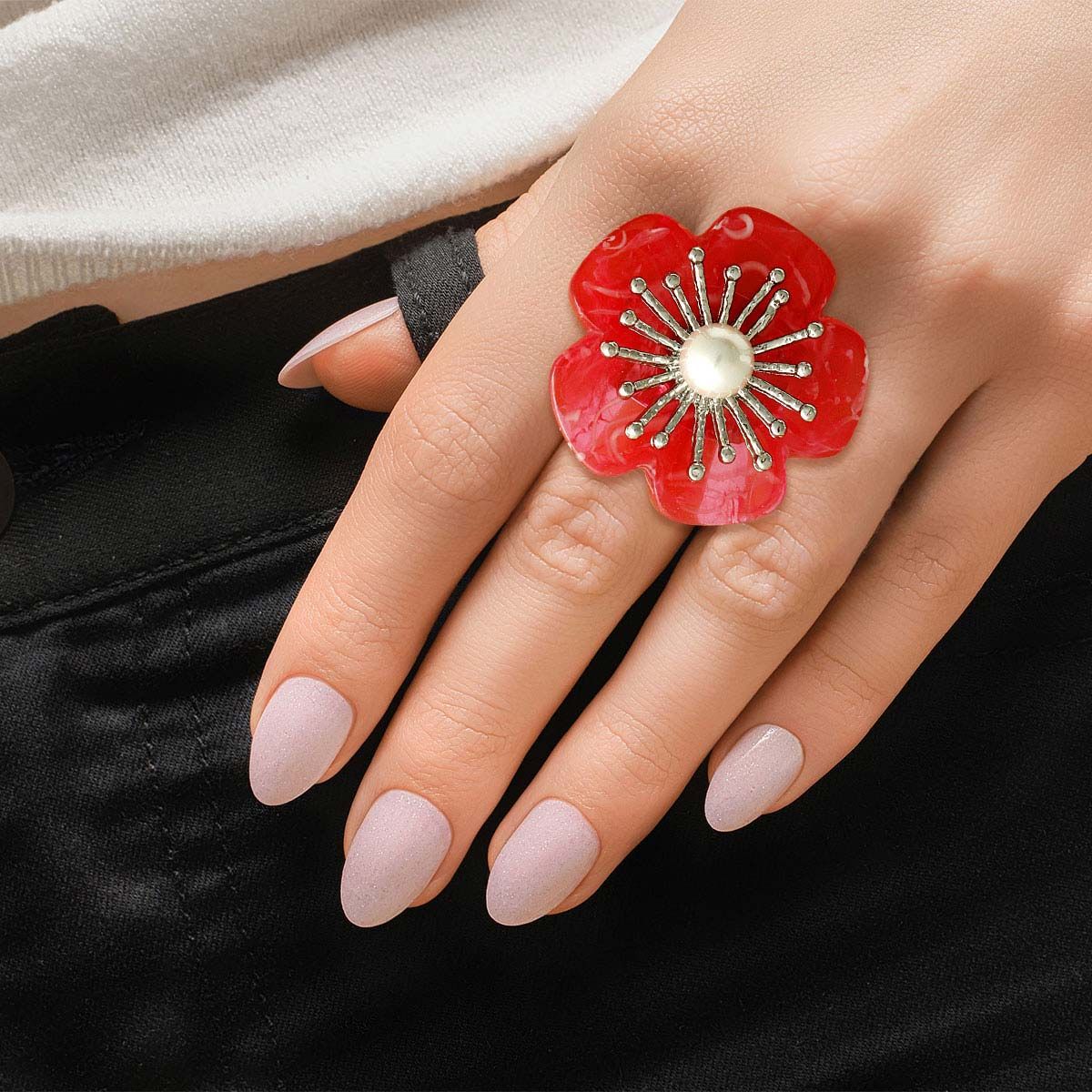 Marbled Red Flower Silver Ring - Premium Wholesale Jewelry from Pinktown - Just $12! Shop now at chiquestyles