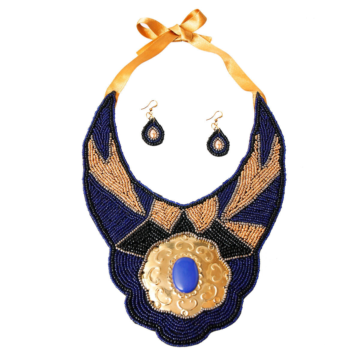 Blue and Gold Beaded Bib Necklace Set Featuring Stamped Metal Plate Design|18 inches - Premium Wholesale Jewelry from Pinktown - Just $52! Shop now at chiquestyles