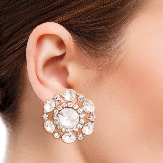 Gold Clear Crystal Circle Studs|1.25 inches - Premium Wholesale Jewelry from Pinktown - Just $8! Shop now at chiquestyles