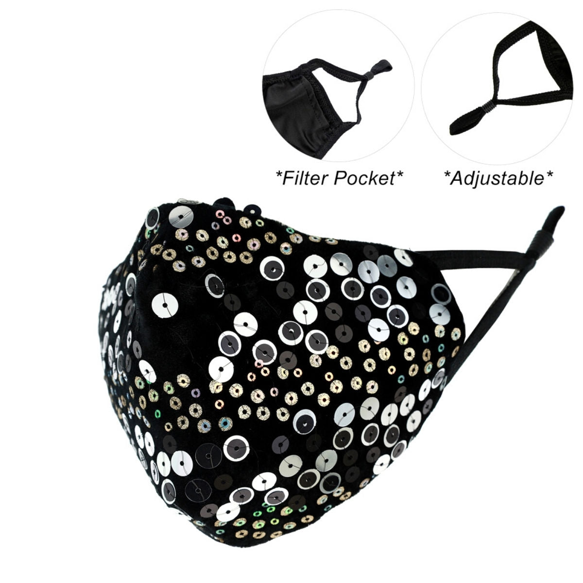 Silver Sequin Black Mask|Stretch to Fit - Premium Wholesale Fashion Accessories from Pinktown - Just $9! Shop now at chiquestyles