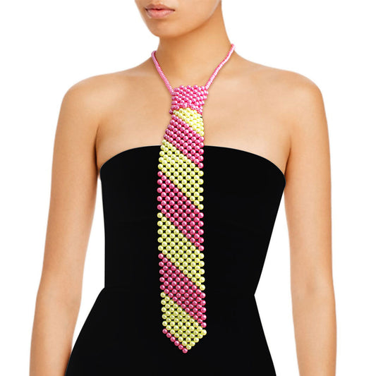 Pink Yellow Pearl Stripe Tie Choker|16 inches - Premium Wholesale Jewelry from Pinktown - Just $19! Shop now at chiquestyles