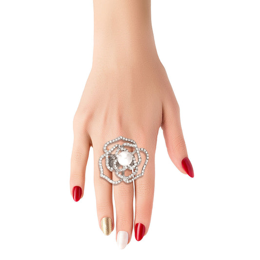 Silver Cut Out Flower Pearl Ring|Stretch to Fit - Premium Wholesale Jewelry from Pinktown - Just $10! Shop now at chiquestyles
