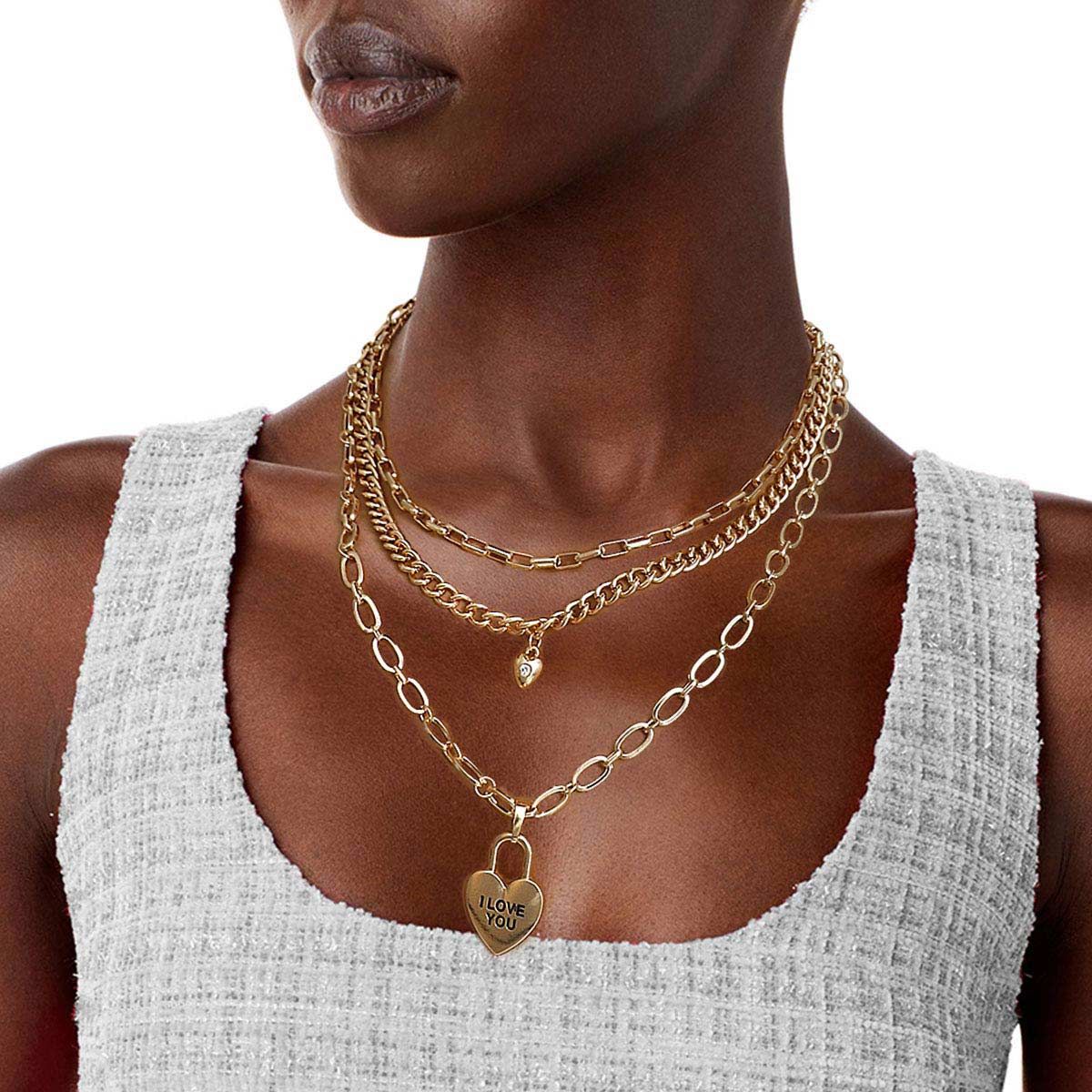 Gold 3 Layer Chain Locked Heart Necklace - Premium Wholesale Jewelry from Pinktown - Just $12! Shop now at chiquestyles