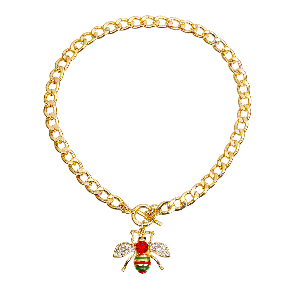 Designer Style Rhinestone Bee Toggle Necklace with Red Rhinestone Detail|16 inches - Premium Wholesale Jewelry from Pinktown - Just $11! Shop now at chiquestyles