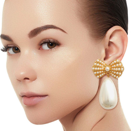 Gold Bow Cream Pearl Teardrop Earrings|2.15 inches - Premium Wholesale Jewelry from Pinktown - Just $17! Shop now at chiquestyles