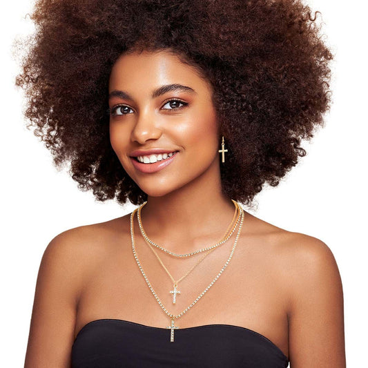 Triple Layer Gold Rhinestone Cross Necklaces|16 inches - Premium Wholesale Jewelry from Pinktown - Just $13! Shop now at chiquestyles