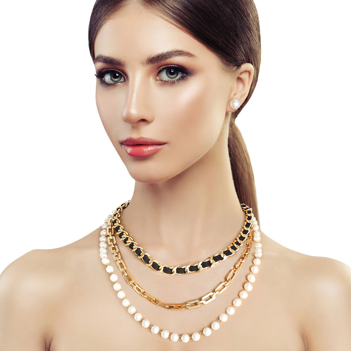 3 Layer Gold Chain and Pearl Necklace|16 inches - Premium Wholesale Jewelry from Pinktown - Just $18! Shop now at chiquestyles