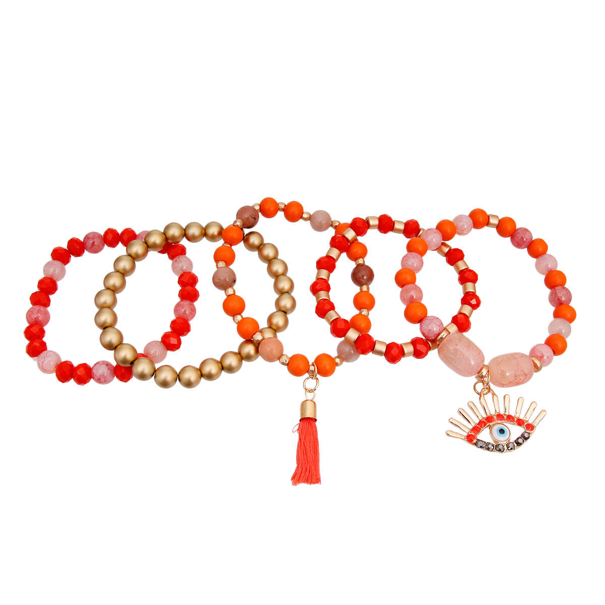 Coral and Matte Gold Evil Eye Bracelets|Stretch to Fit - Premium Wholesale Jewelry from Pinktown - Just $11! Shop now at chiquestyles