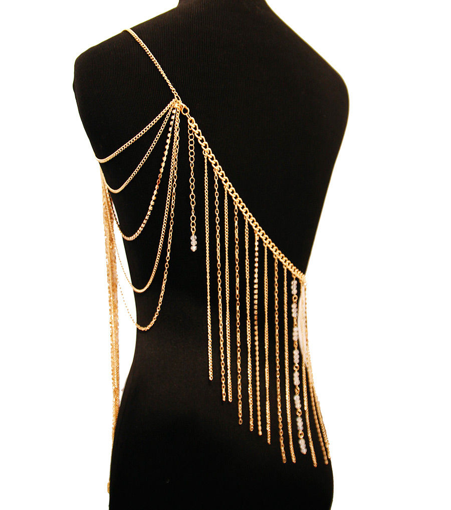Gold Clear and White Bead One Shoulder Body Chain|One Size - Premium Wholesale Fashion Accessories from Pinktown - Just $29! Shop now at chiquestyles