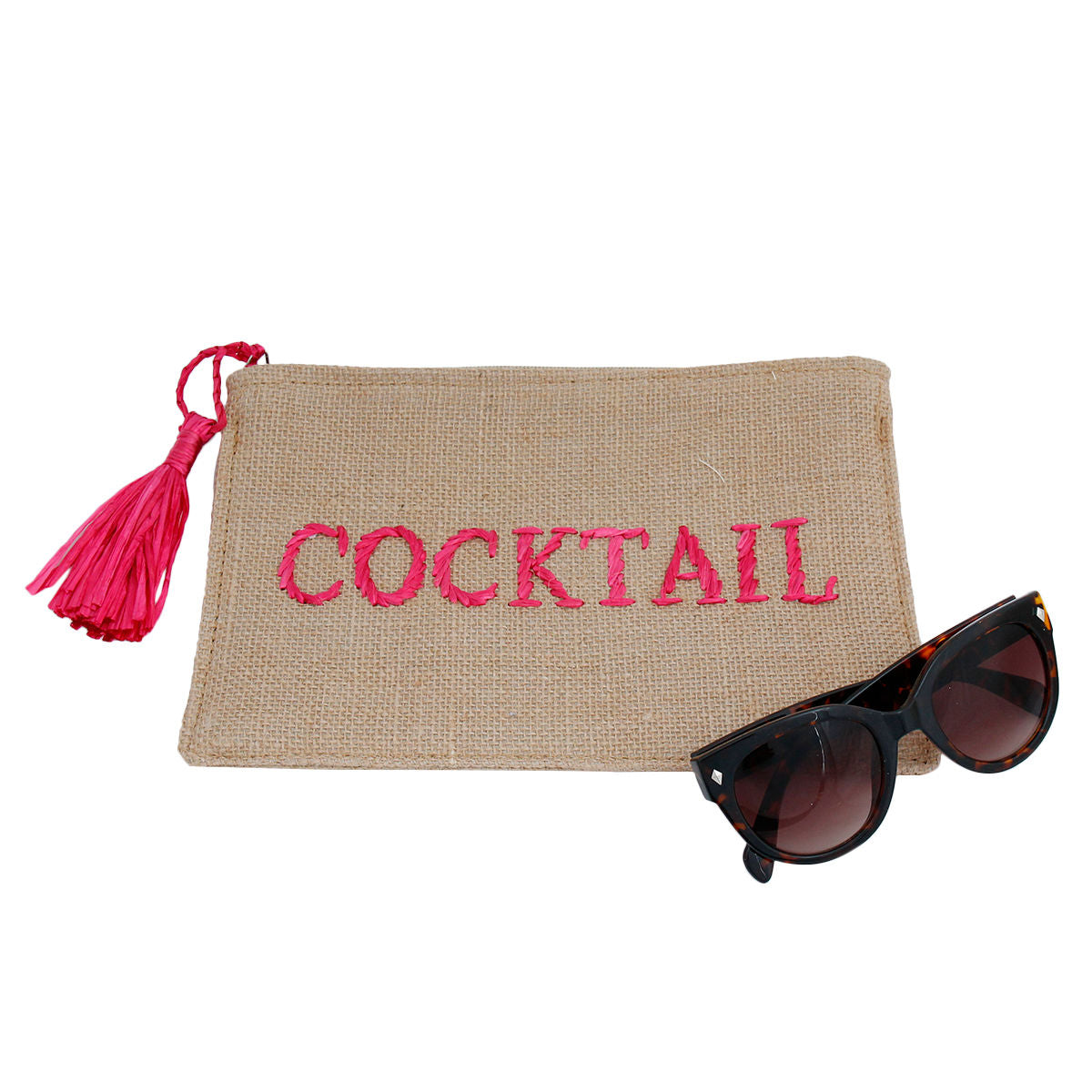 Burlap Clutch with Pink Raffia COCKTAIL Stitching|11 x 7.5 inches - Premium Wholesale Fashion Accessories from Pinktown - Just $25! Shop now at chiquestyles