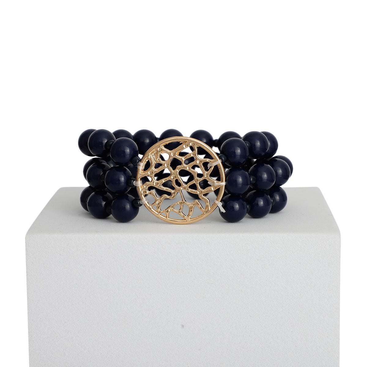 Navy Glass Bead Round Gold Bracelet|Stretch to Fit - Premium Wholesale Jewelry from Pinktown - Just $10! Shop now at chiquestyles