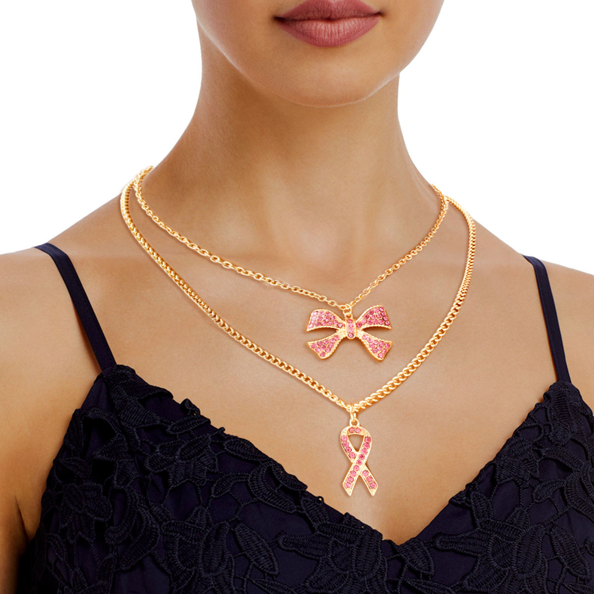 Pink Ribbon Double Layer Gold Necklace Set - Premium Wholesale Jewelry from Pinktown - Just $12! Shop now at chiquestyles