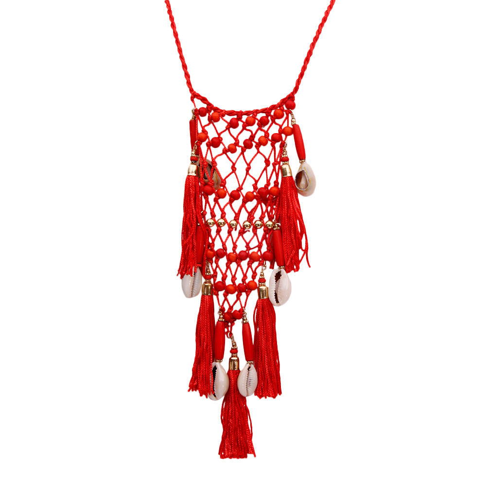Red Braided String and Cowrie Shell Long Tassel Necklace|30 inches - Premium Wholesale Jewelry from Pinktown - Just $15! Shop now at chiquestyles
